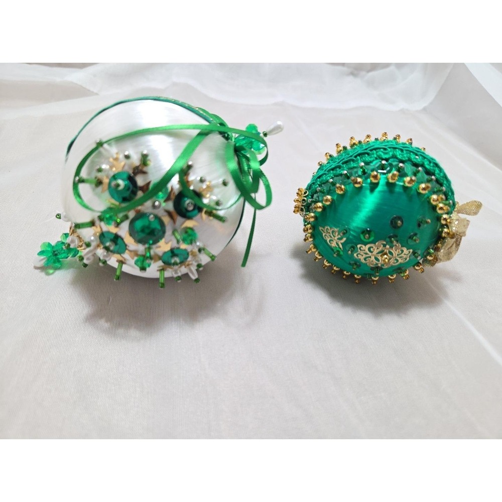 Unique White‎ and Green Beaded Ornament - Intricate Vintage Christmas